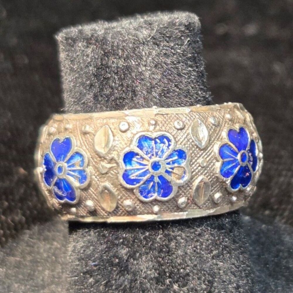 Blue Enamel Design Sterling Ring Sz 5